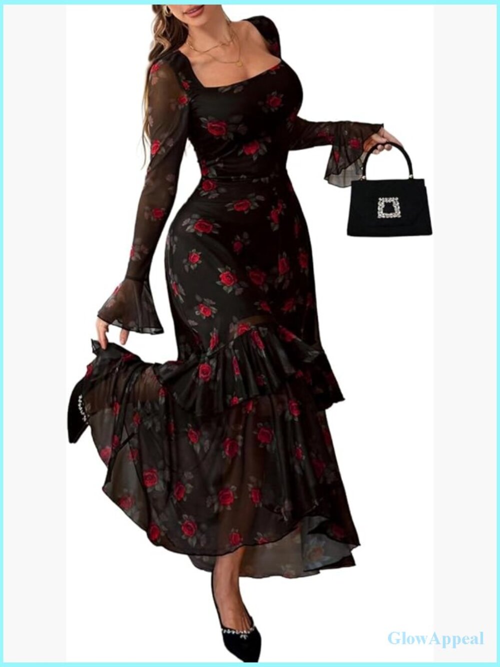 Floral Mesh Maxi Dress Long Sleeve Square Neck Ruffle Hem Wedding Guest